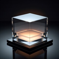Glass cube on reflective black surface with ambient yellow light glow, luxury product display mockup