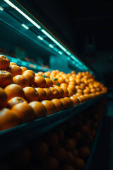A high-contrast, low-key close-up of fresh orange piles on a supermarket shelf, featuring warm terracotta and cool teal tones. Deep shadows enhance the dramatic effect.