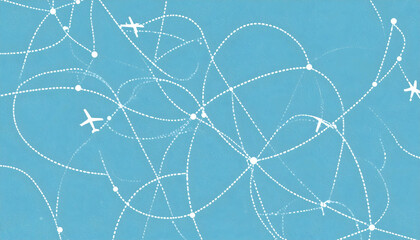 Abstract Air Travel Network: White Airplane Trails on Blue Background