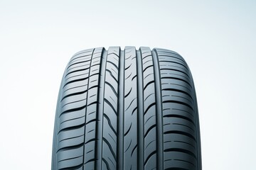 Close-up of modern car tire with detailed tread pattern on light background, showcasing transport technology and durability concept.