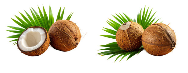  Two whole coconuts with palm leaves on warm golden beach sand Transparent Background PNG