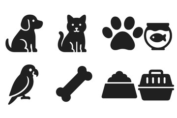 Solid Pet Icons. Solid style icons of pets and animals: dog, cat, paw print, fish bowl, parrot, bone, dog food, pet carrier. No