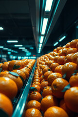 A modern, futuristic, epic scene depicts a close-up of piled oranges on a supermarket shelf. High contrast, low-key lighting with an amazing lens glow creates deep shadows and a dramatic effect