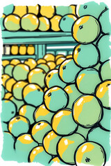 A hand-drawn sketch in color sketchnote style features a close-up of piled oranges on a supermarket shelf. Silhouetted backlighting creates rich, deep teal tones, luxurious and vibrant