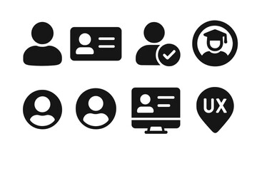 User Experience Icons. Solid style icons of user experience in education: learner icon, student card, active user badge, session