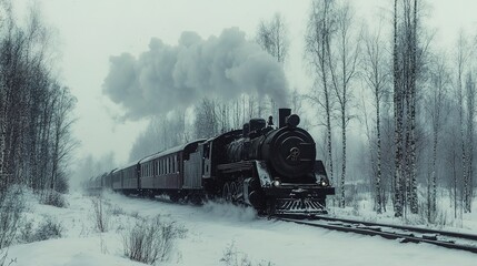 Fototapeta premium A vintage steam locomotive travels through a snowy forest landscape, emitting thick smoke from its chimney.