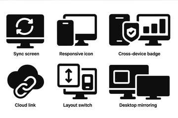 Cross-Device Connection Icons. Solid style icons of mobile-desktop connection: sync screen icon, responsive desktop icon,