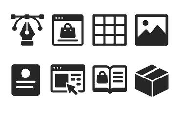 Design Platform Icons. Solid style icons of design in commerce platforms: pen tool icon, product page layout, responsive grid,