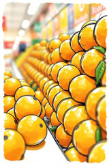 A hand-drawn sketch in color sketchnote style shows a close-up of piled oranges on a supermarket shelf. A blurred bokeh effect softens the background, focusing sharply on the oranges