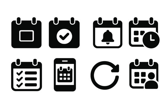 Calendar Icon Set. Solid style icons of calendar features: event block icon, date picker, scheduled reminder, time slot icon, task