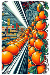 A traditional tattoo art print depicting close-up oranges on a supermarket shelf. Vibrant colors, retro flair, complex ornamental details. White background, artistic lighting, abstract patterns 