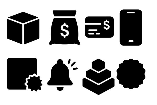 Finance Product Icons. Solid style icons of finance products: product box, investment pack, plan card, app access. Solid style of
