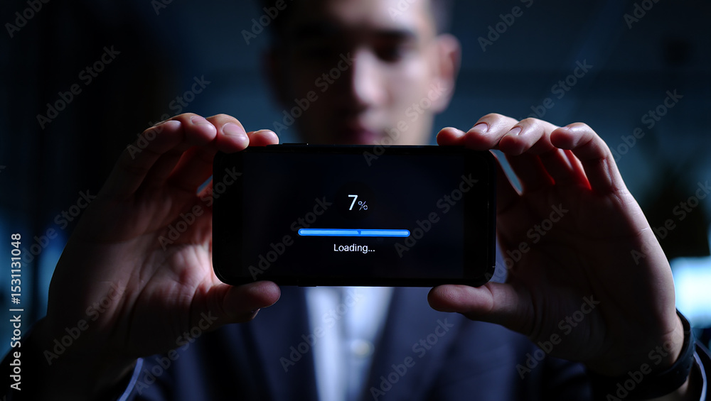 Poster businessman holding smartphone displaying loading progress bar indicating digital connectivity