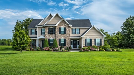 Modern USA house in green lawn with blue sky, real estate concept 