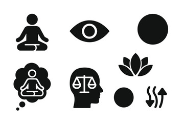 Mindfulness Icon Set. Solid style icons of mindfulness: meditation pose, focused eye, lotus icon, inner peace circle. Solid style