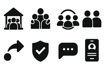 Social Support Icons. Solid style icons of social support systems: community hub, group care, talk circle, peer icon. Solid style
