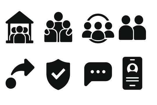 Social Support Icons. Solid style icons of social support systems: community hub, group care, talk circle, peer icon. Solid style