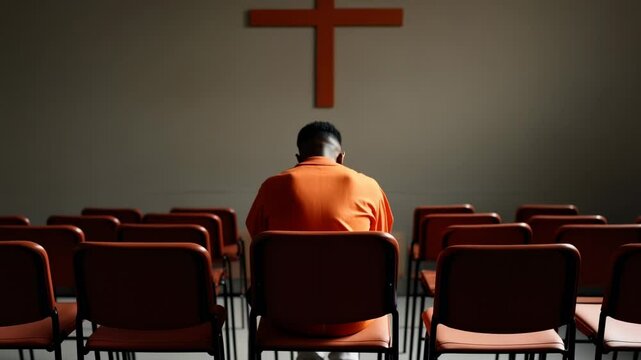 Man in orange jumpsuit seated in empty room with cross in background reflecting on faith and redemption