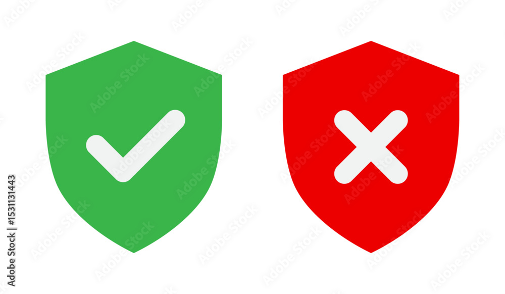 Poster security shield icons with check and cross. approved and denied symbols in green and red color vecto