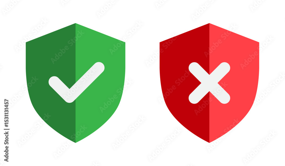 Poster green and red shield icons with check and cross. approved and denied security symbols flat vector il