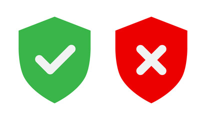 Obraz premium Security shield icons with check and cross. Approved and denied symbols in green and red color vector illustration.