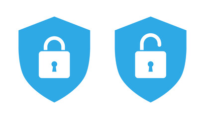 Shield with locked and unlocked icon in blue color. Security, privacy, access denied and approved vector illustration.