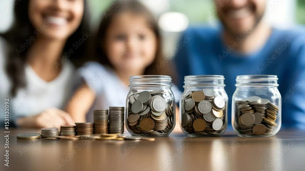 Poster saving money with coins in jars and stacks on table for family finance, investment, and wealth build