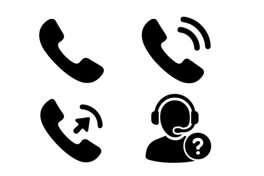 Support Call Icons. Solid style icons of support calls: phone icon, voice contact, callback request, inbound help. Solid style of