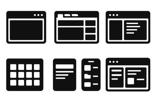 Solid UI Icons. Solid style icons of desktop UI layouts: widescreen view, multi-tab layout, dashboard frame, file manager UI.