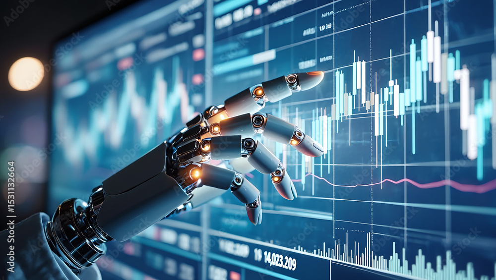 Poster robot hand interacting with financial data charts on computer screen