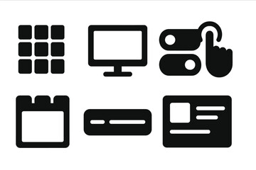 Fototapeta premium Solid UI Icons. Solid style icons of interface design: UI grid, control screen, toggle panel, interaction block. Solid style of