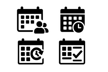 Calendar Coordination Icons. Solid style icons of calendar coordination: shared calendar, meeting slot, event sync, task planner.