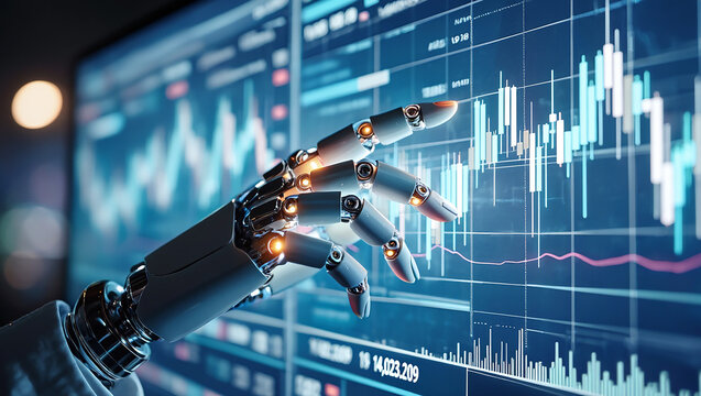 robot hand interacting with financial data charts on computer screen
