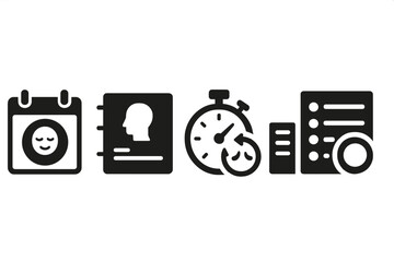 Mindful Time Management Icons. Solid style icons of mindful time management: calendar with calm badge, focused planner icon, timer
