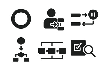 Calm Workflow Icons. Solid style icons of calm digital workflows: progress flow ring, user with task flow, workflow with pause