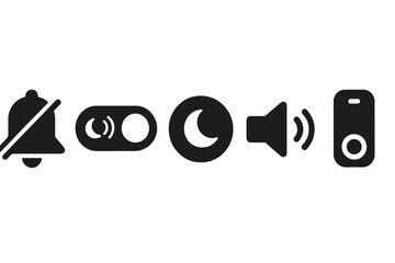 Quiet Mode Icons. Solid style icons of quiet mode toggles: silent bell with toggle, quiet mode activation icon, night mode badge,