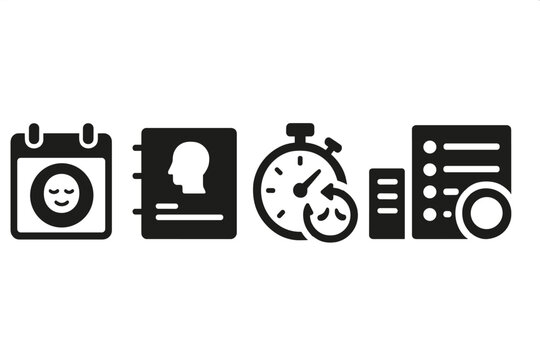 Mindful Time Management Icons. Solid style icons of mindful time management: calendar with calm badge, focused planner icon, timer