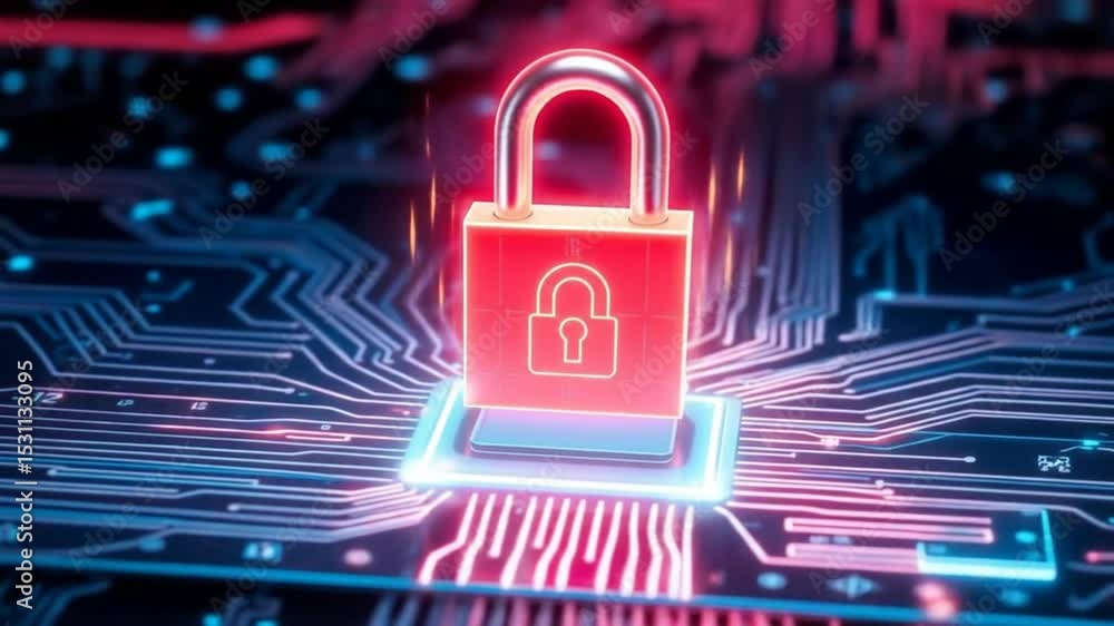 Poster digital security hologram of virtual key icon on circuit board. financial data privacy concept and v