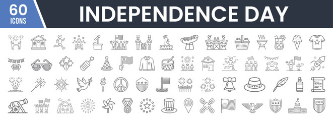 Set of 60 Line Icons Related to Independence Day, National Celebration, Flags, Fireworks, Patriotism, Historic Landmarks, Barbecue, Festive Attire, Editable Stroke. Vector Illustration