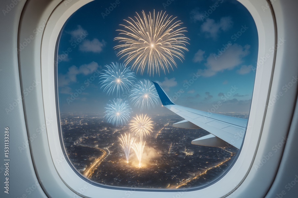 Poster spectacular view of city fireworks through airplane window during night flight with illuminated skyl