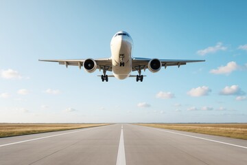 Commercial airplane taking off from runway under clear blue sky with scattered clouds, wide landscape view with light and travel concept background.