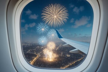 Spectacular view of city fireworks through airplane window during night flight with illuminated skyline and wing in frame. Ai generative.