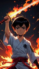 Flaming Samurai Anime Boy Illustration Art