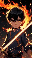 Flaming Samurai Anime Boy Illustration Art