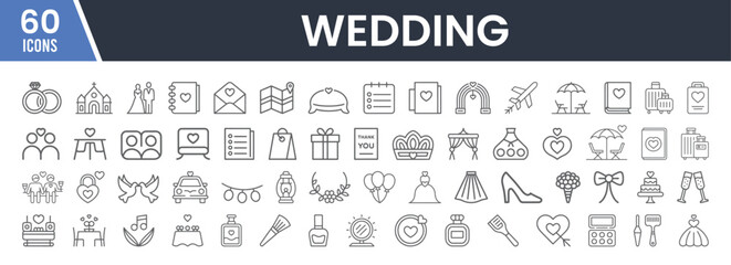 Set of 60 Line Icons Related to Wedding, Marriage, Bride and Groom, Rings, Ceremony, Invitations, Cake, Decorations, Love, Editable Stroke. Vector Illustration