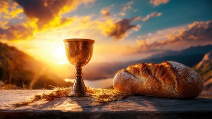Golden chalice, bread and wheat ears on a wooden table at sunset, symbolizing the holy communion or eucharist