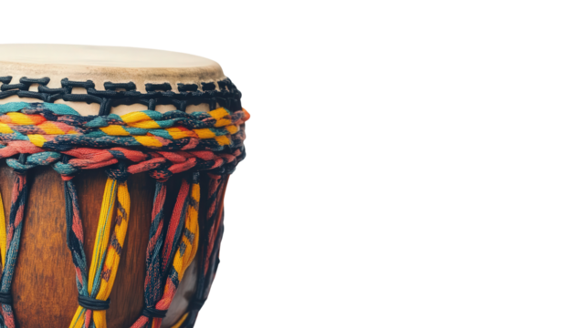 Handcrafted African djembe drum with colorful rope Transparent background, PNG file