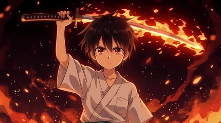 Flaming Samurai Anime Boy Illustration Art