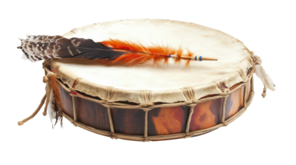 Handcrafted Native American hand drum with feathers Transparent background, PNG file