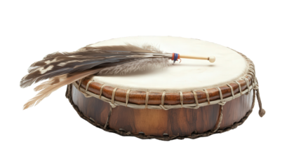 Handcrafted Native American hand drum with feathers Transparent background, PNG file